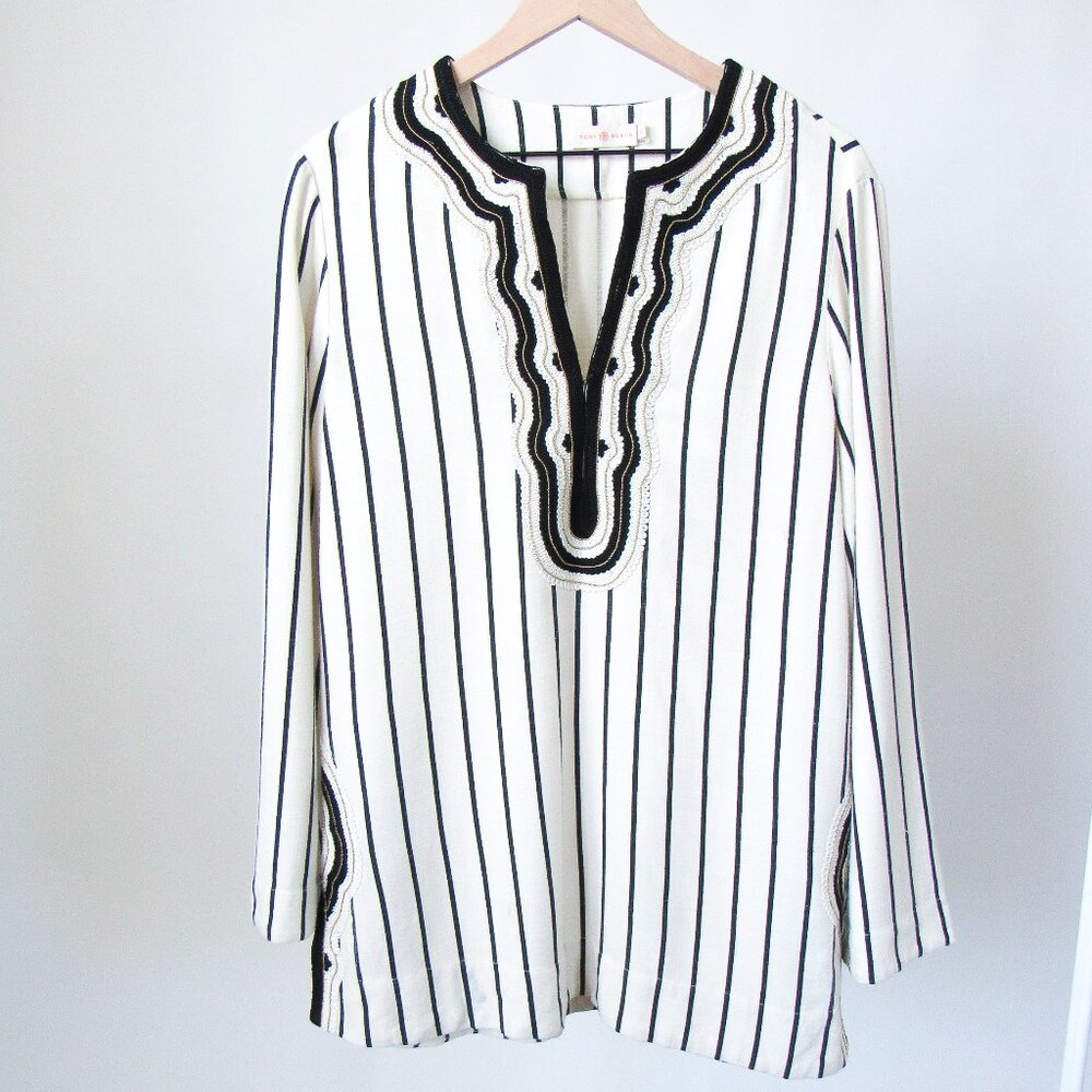 TORY BURCH ‘Filipa’ Black & White Striped Kaftan Linen Tunic Top/12 ~MSRP $348~
